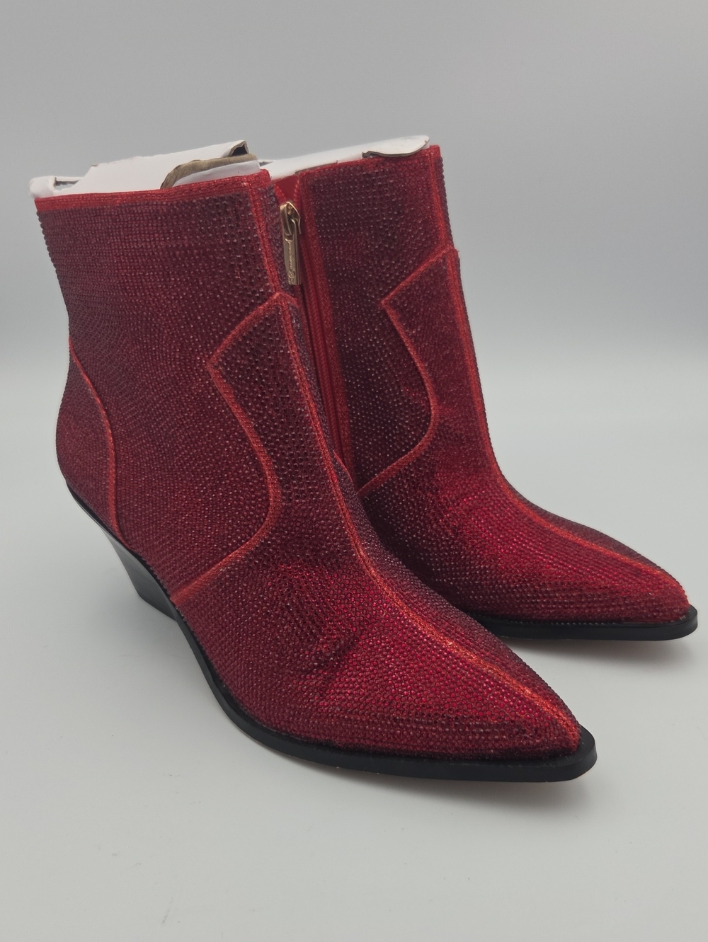 Jessica Simpson Red Rhinestone Pointed Toe Ankle Booties with Side Zip Size 8